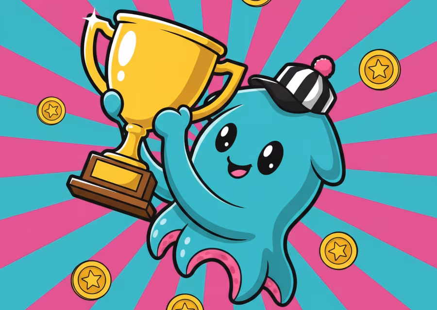 Cartoon squid mascot lifting a trophy while gold tokens rain down